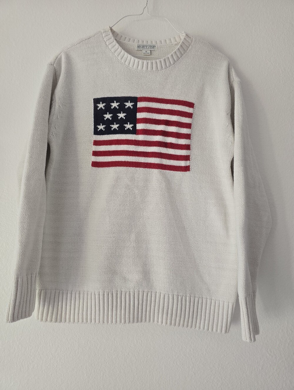 White Crewneck Sweater with Red & Blue Flag Motif